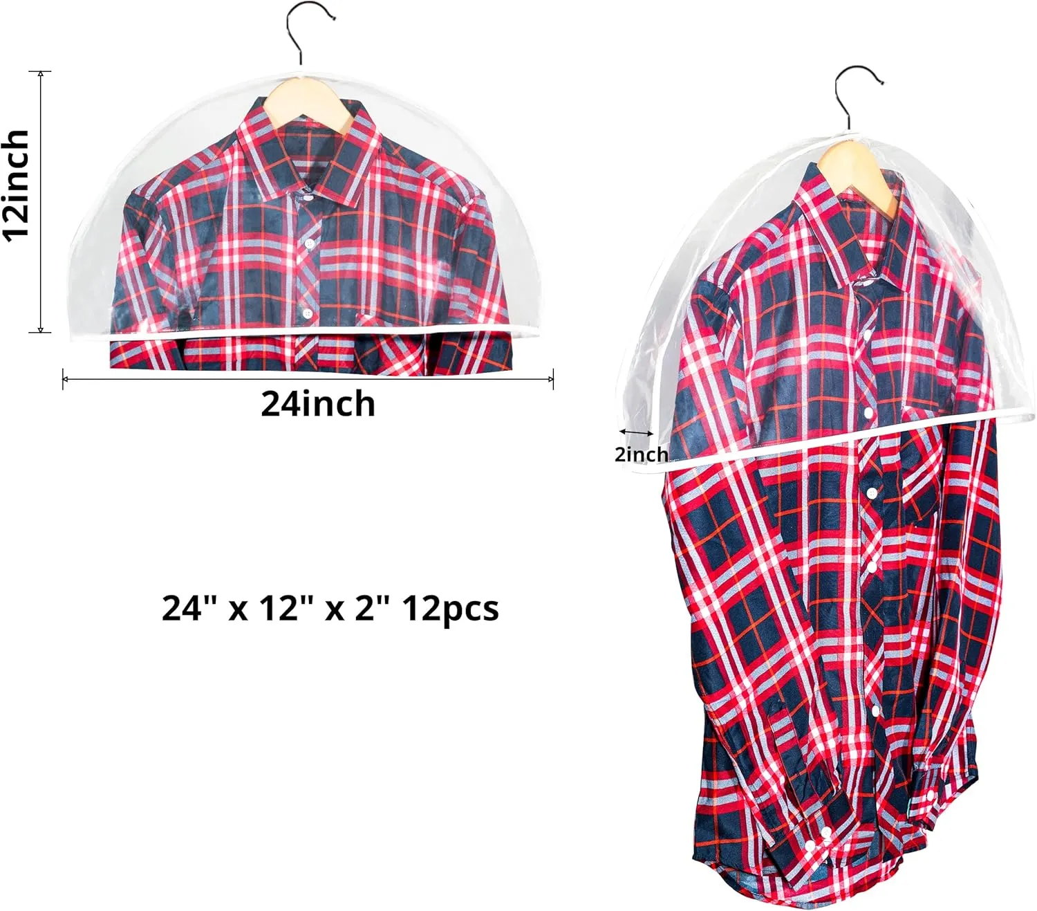 Clear Shoulder Covers Vinyl Plastic Hanger Covers for Clothes (Set of 12), Closet Clothes Protectors Breathable Garment Cover with 2" Gusset, Suit Shoulder Covers for Closets - 24'' X12" X2''/12 Pack
