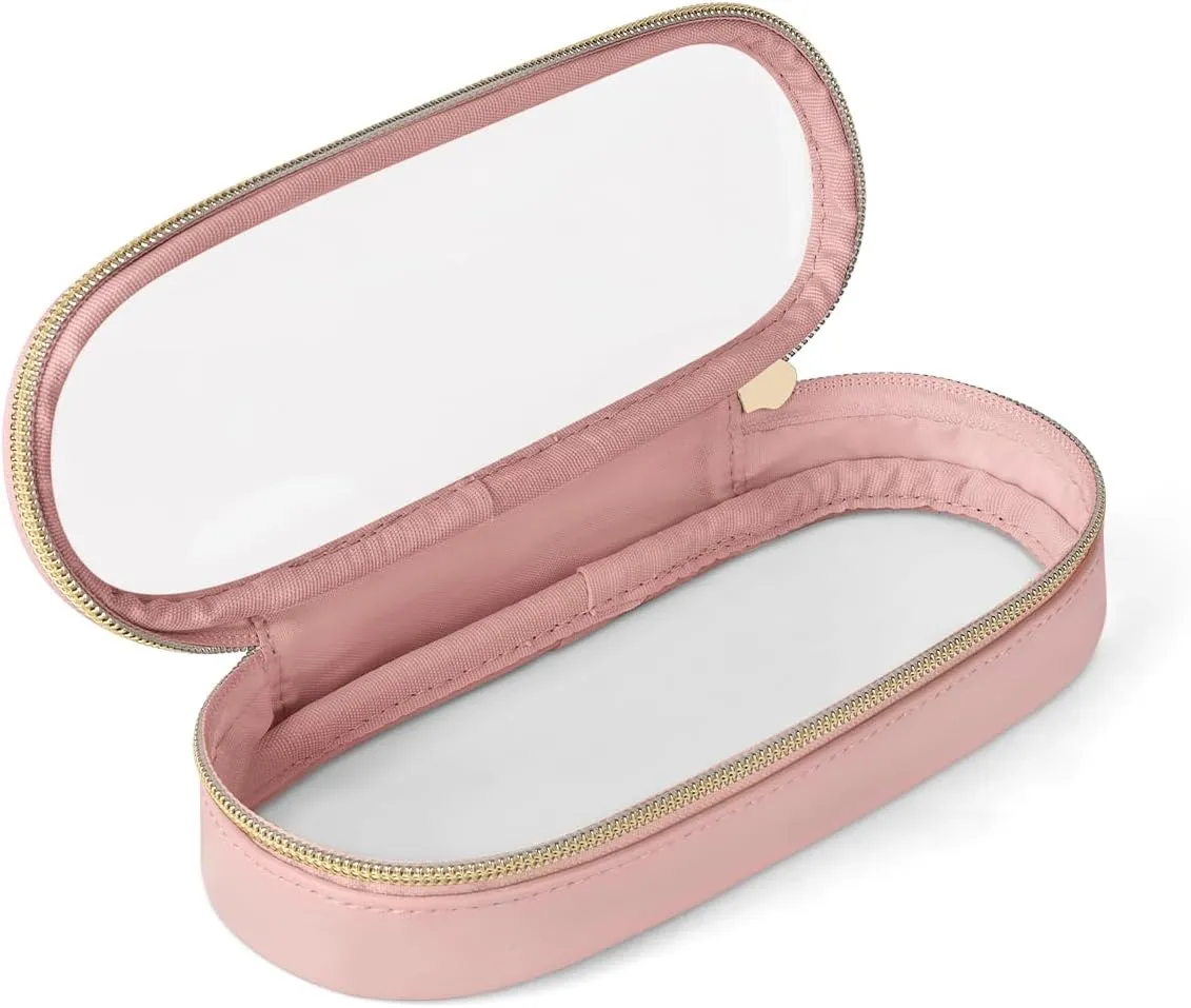 Clear Travel Makeup Brush Holder, Leather Makeup Brush Toiletry Bag, Portable Cosmetic Brush Case, Transparent Waterproof Makeup Brush Storage Bag, Pink, Large