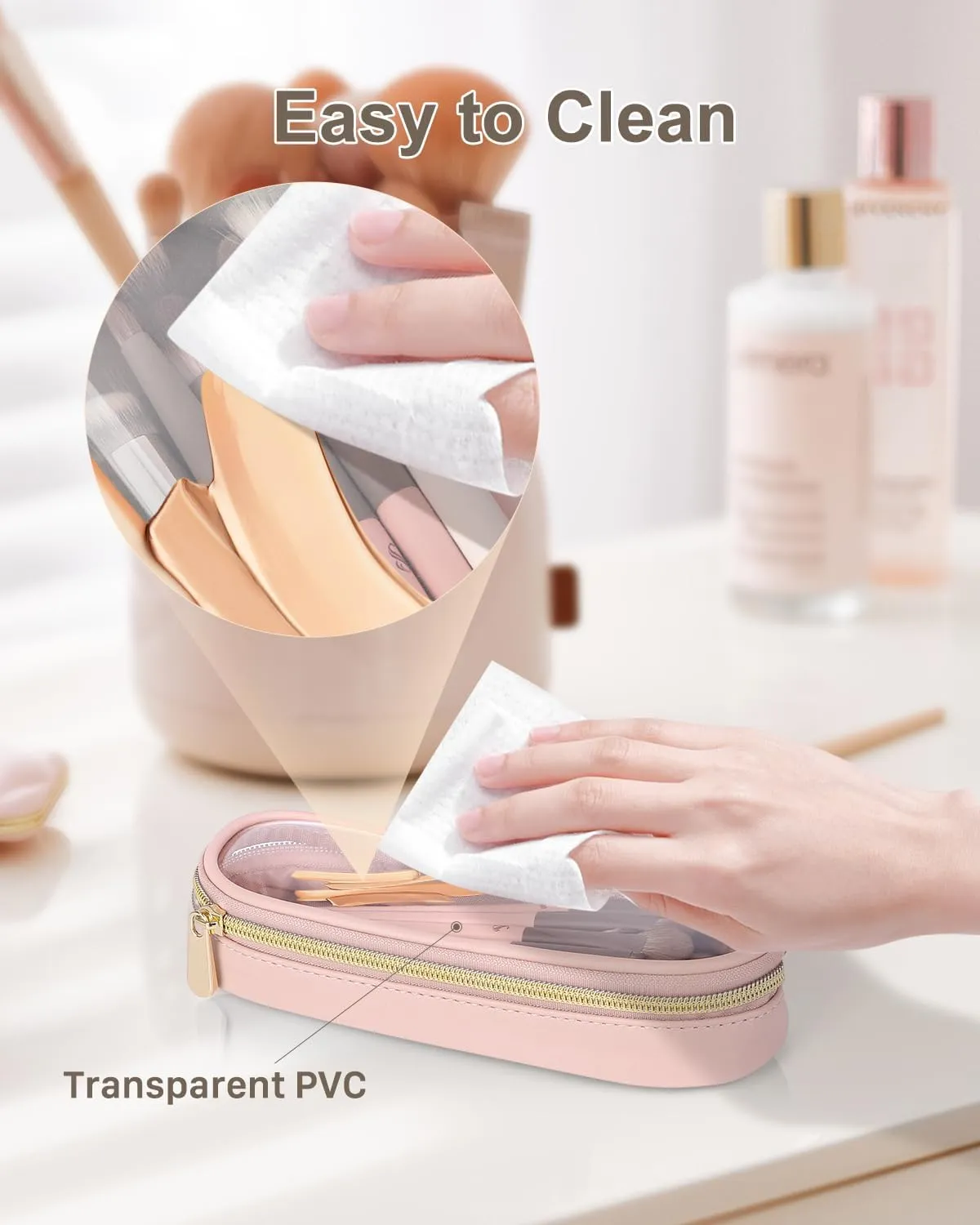 Clear Travel Makeup Brush Holder, Leather Makeup Brush Toiletry Bag, Portable Cosmetic Brush Case, Transparent Waterproof Makeup Brush Storage Bag, Pink, Large