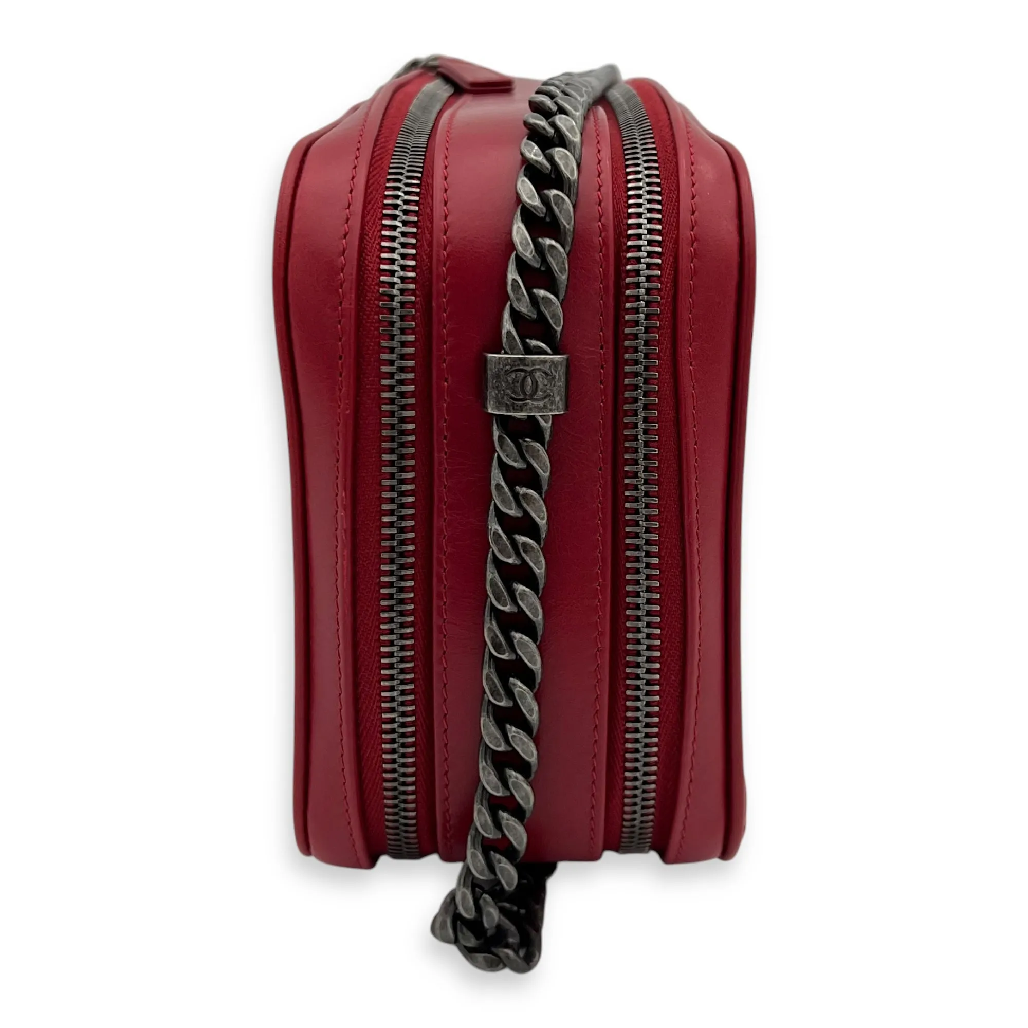 Coco Boy Camera Red Crossbody Bag in Calfskin, Ruthenium hardware