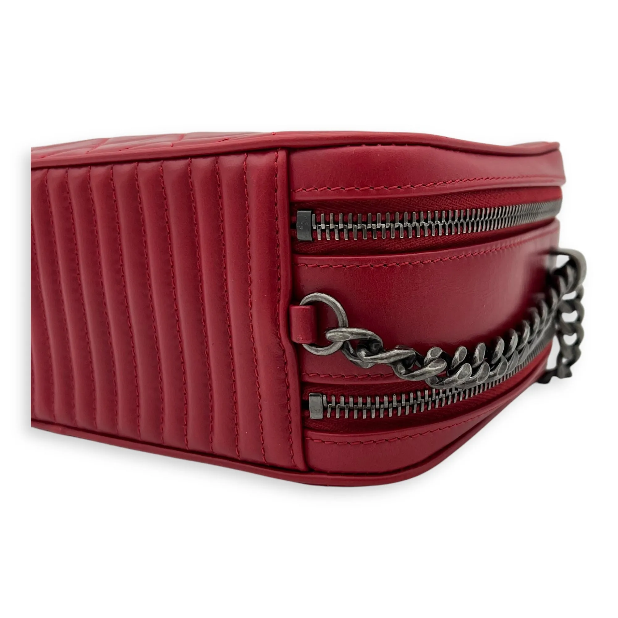 Coco Boy Camera Red Crossbody Bag in Calfskin, Ruthenium hardware
