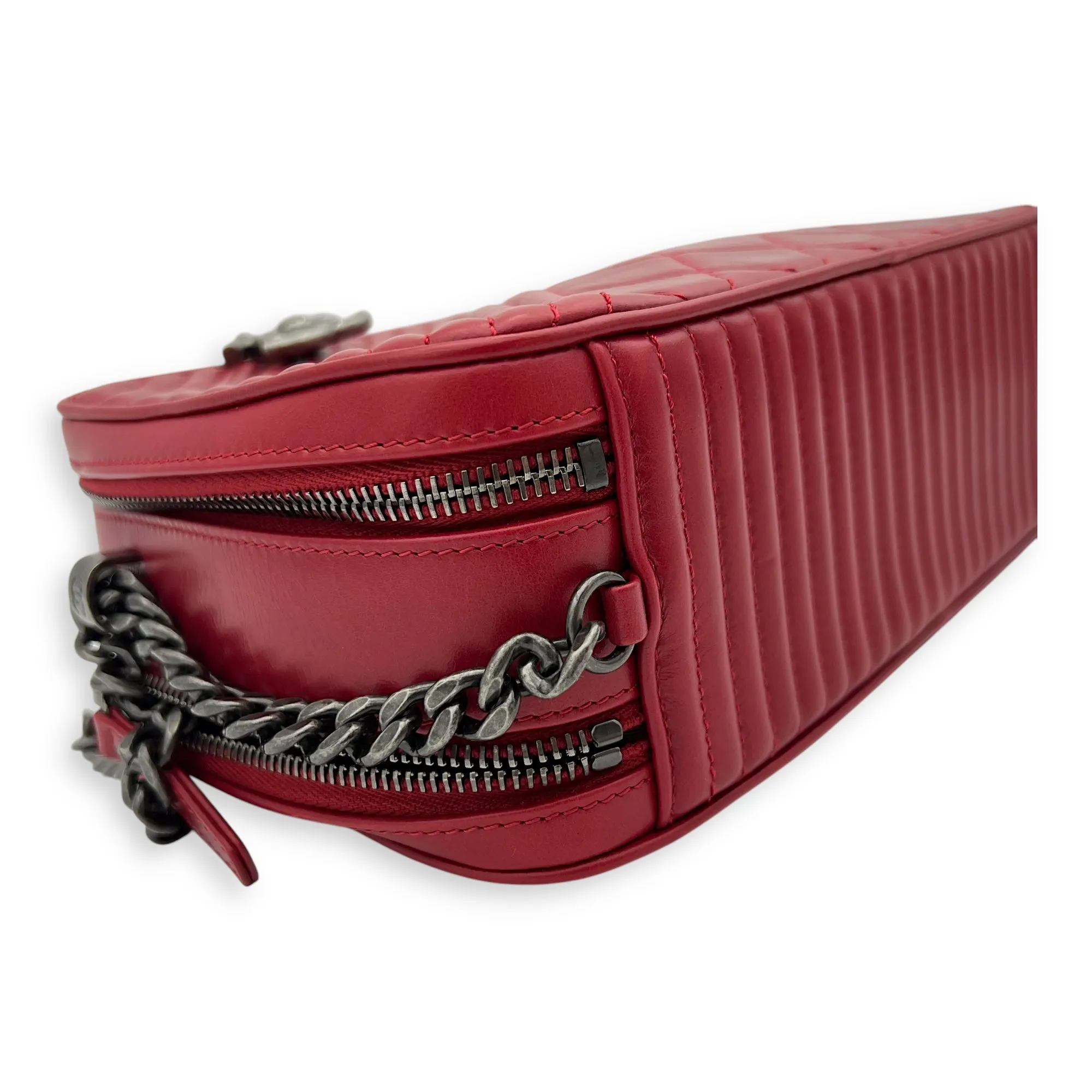 Coco Boy Camera Red Crossbody Bag in Calfskin, Ruthenium hardware