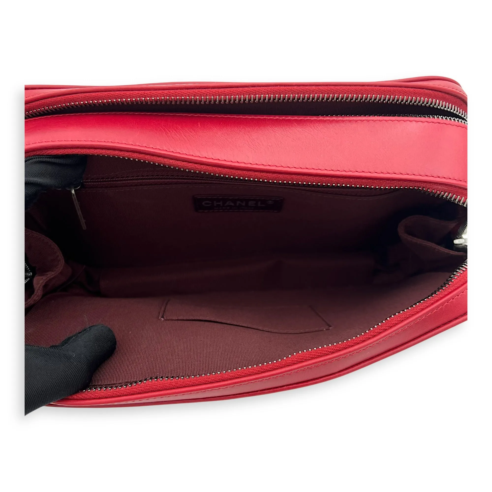 Coco Boy Camera Red Crossbody Bag in Calfskin, Ruthenium hardware