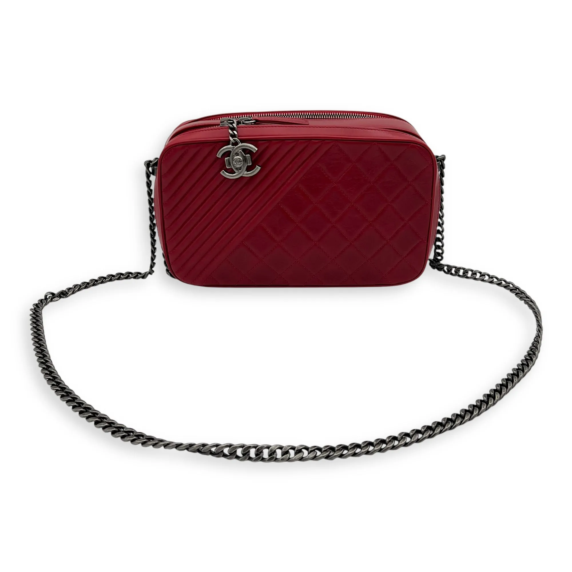 Coco Boy Camera Red Crossbody Bag in Calfskin, Ruthenium hardware