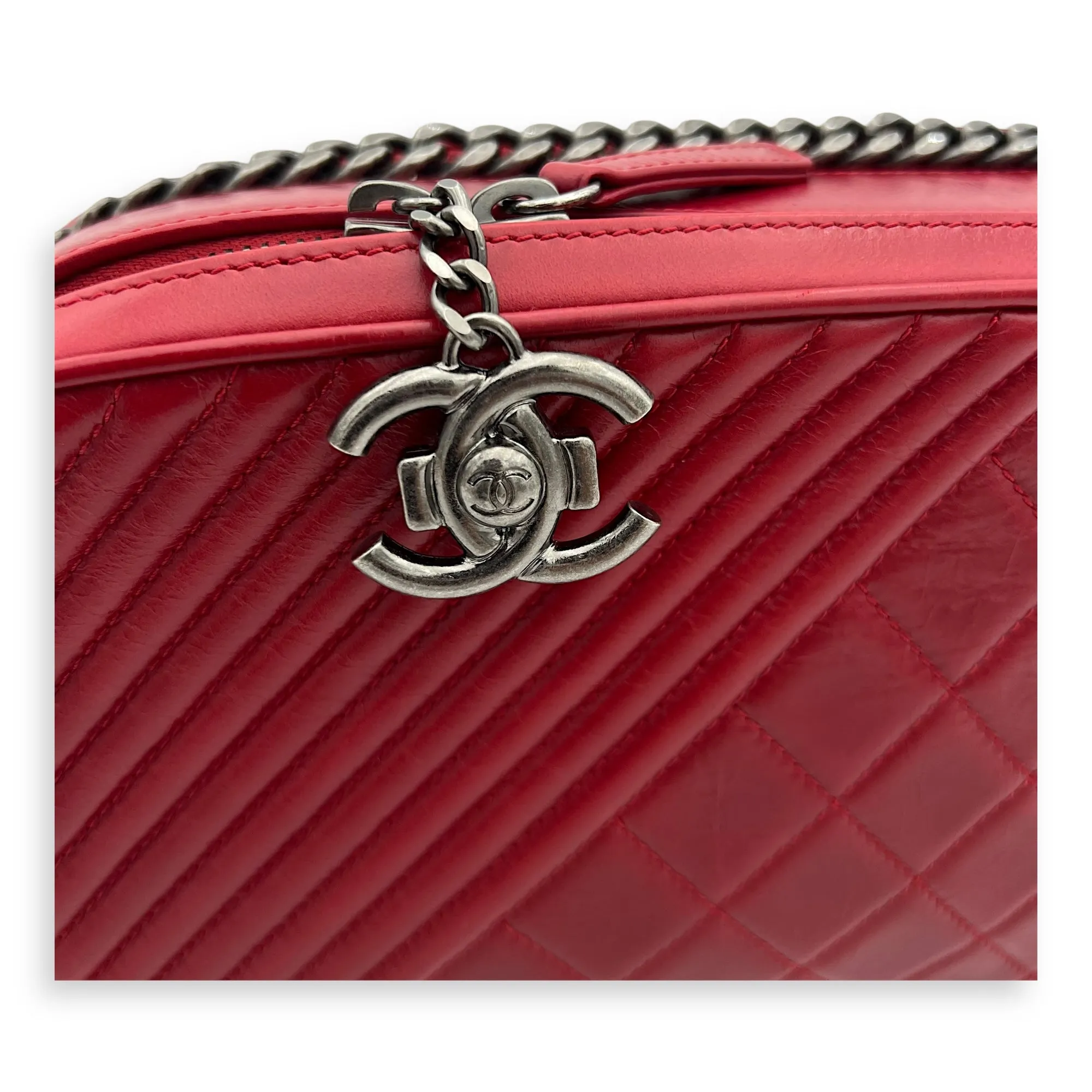 Coco Boy Camera Red Crossbody Bag in Calfskin, Ruthenium hardware