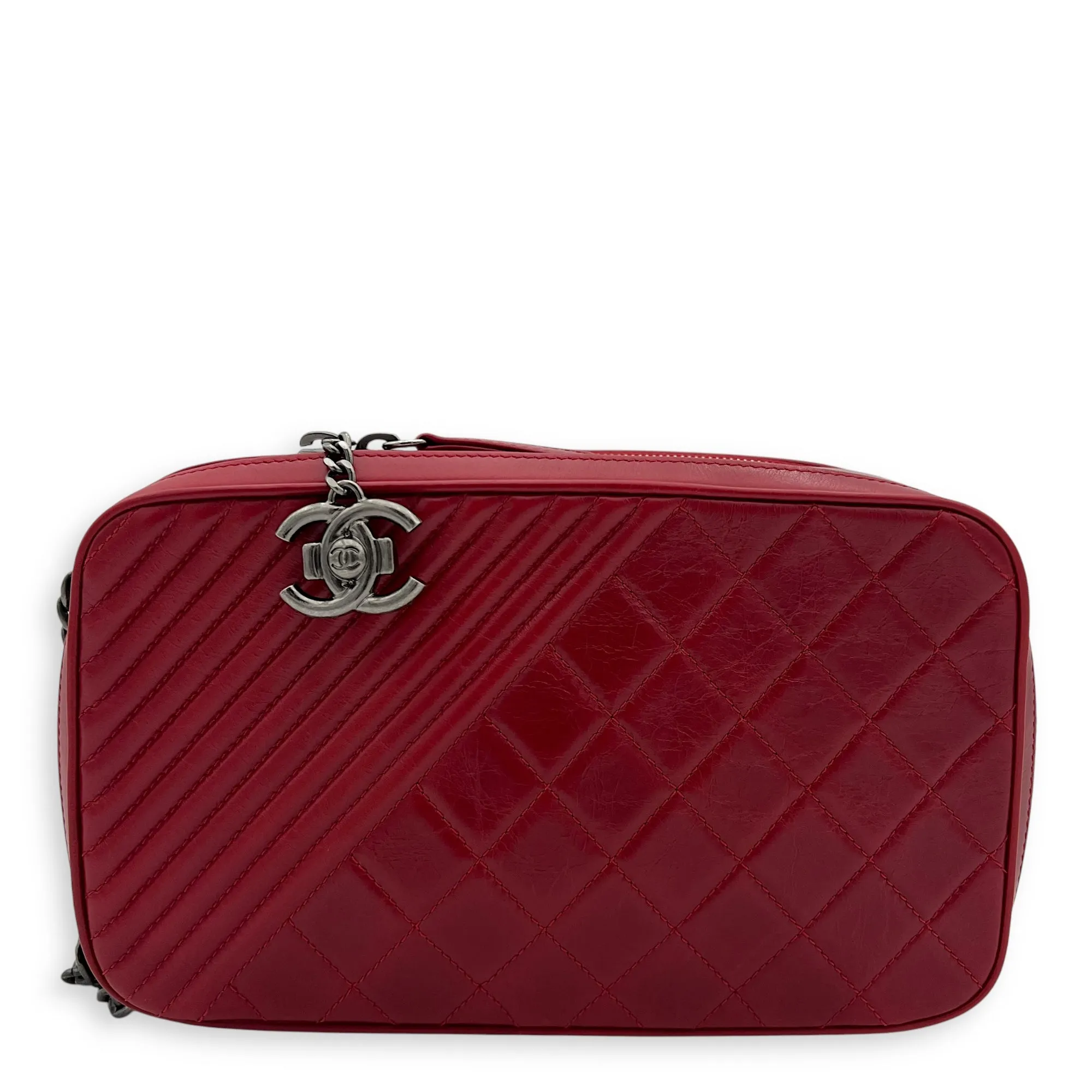 Coco Boy Camera Red Crossbody Bag in Calfskin, Ruthenium hardware
