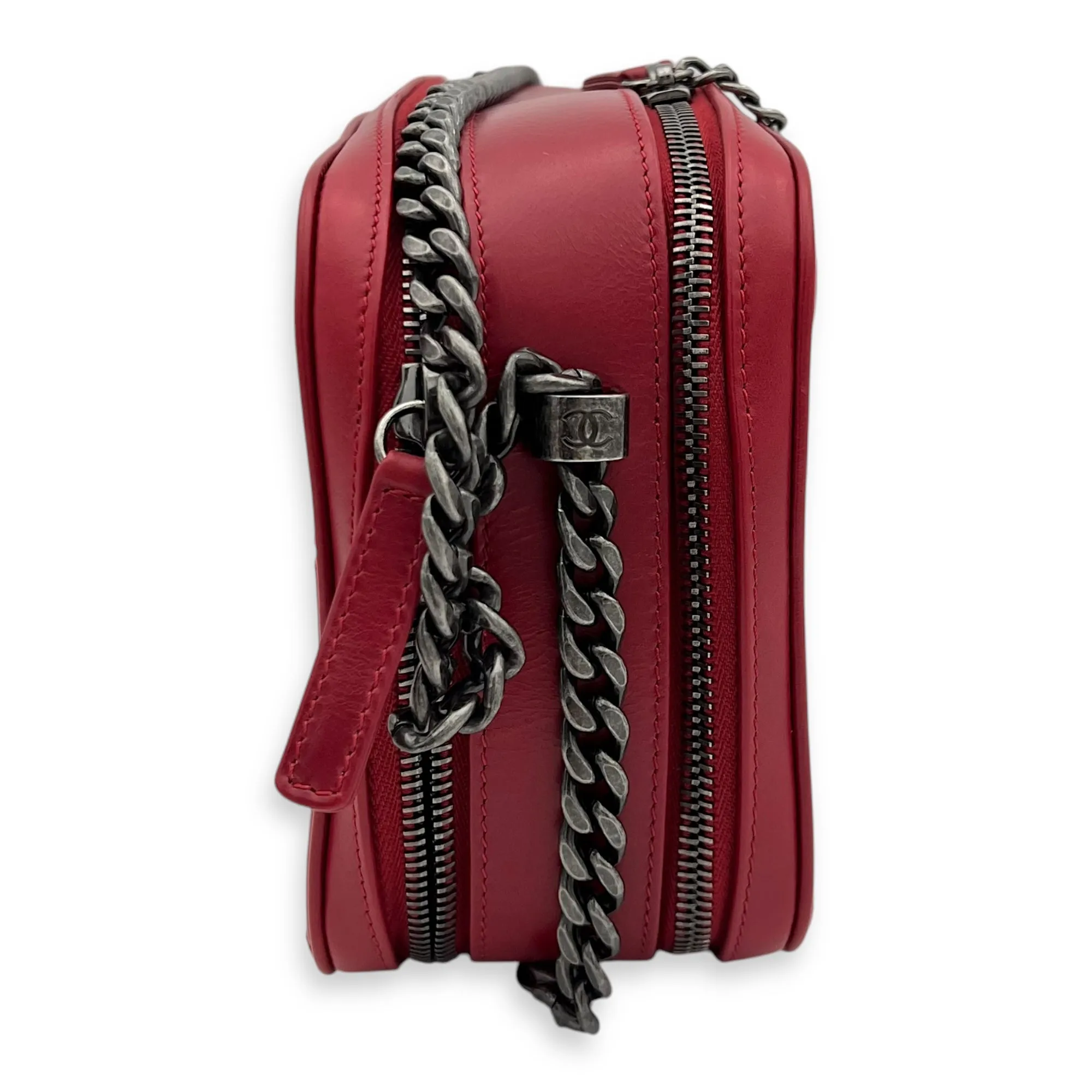 Coco Boy Camera Red Crossbody Bag in Calfskin, Ruthenium hardware