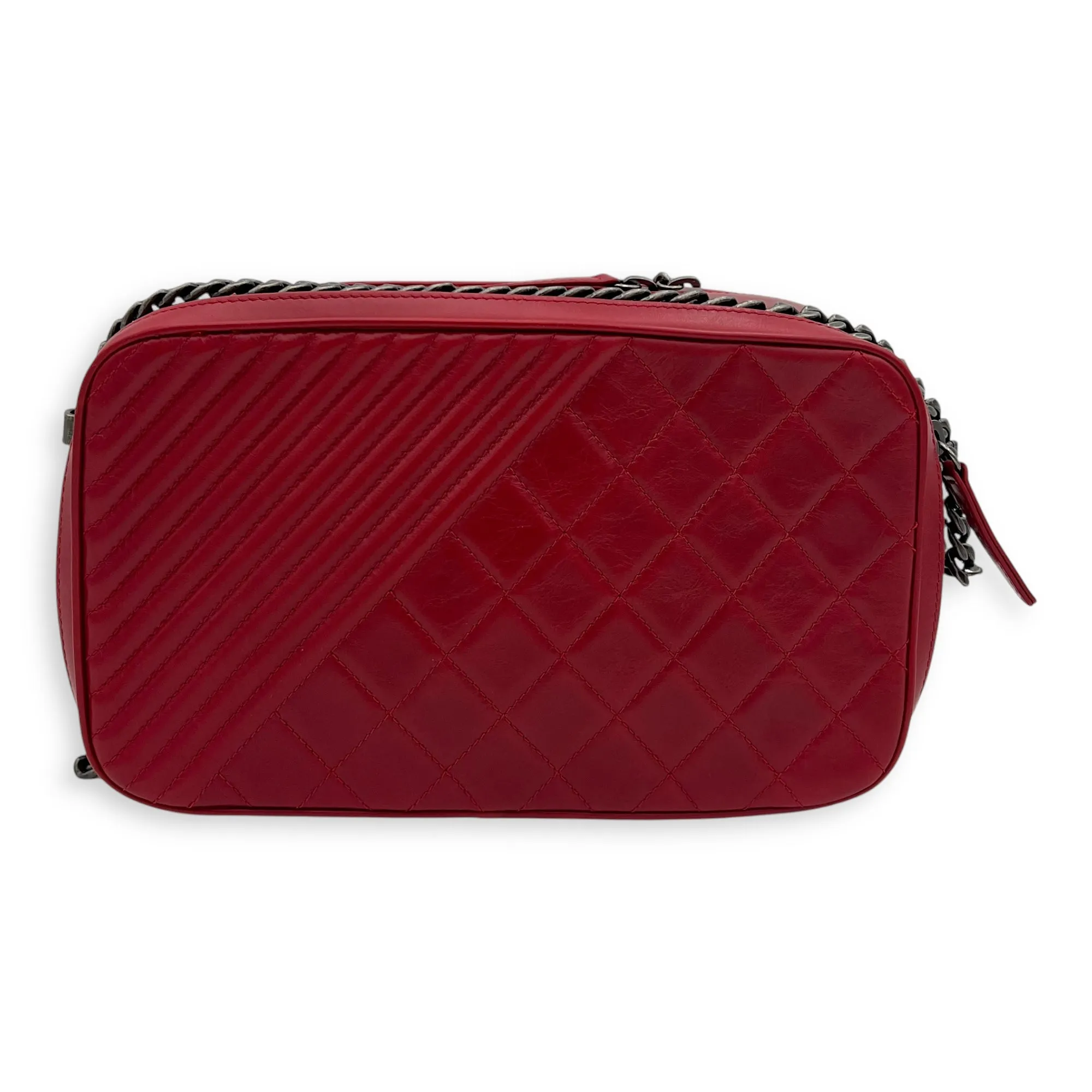Coco Boy Camera Red Crossbody Bag in Calfskin, Ruthenium hardware