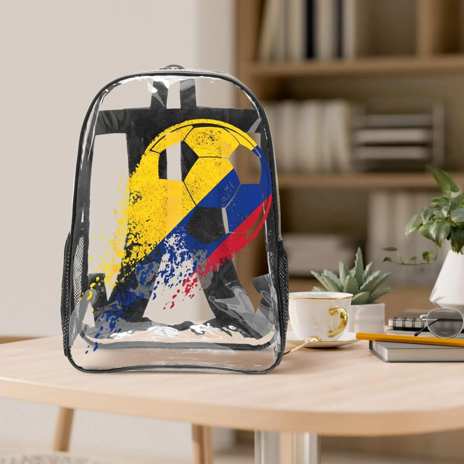 Colombia Soccer Colombian Flag Pride Soccer Player 16 Inch Clear PVC Backpacks Transparent Backpack Multipurpose Double Shoulder Bag for Men Women Gifts