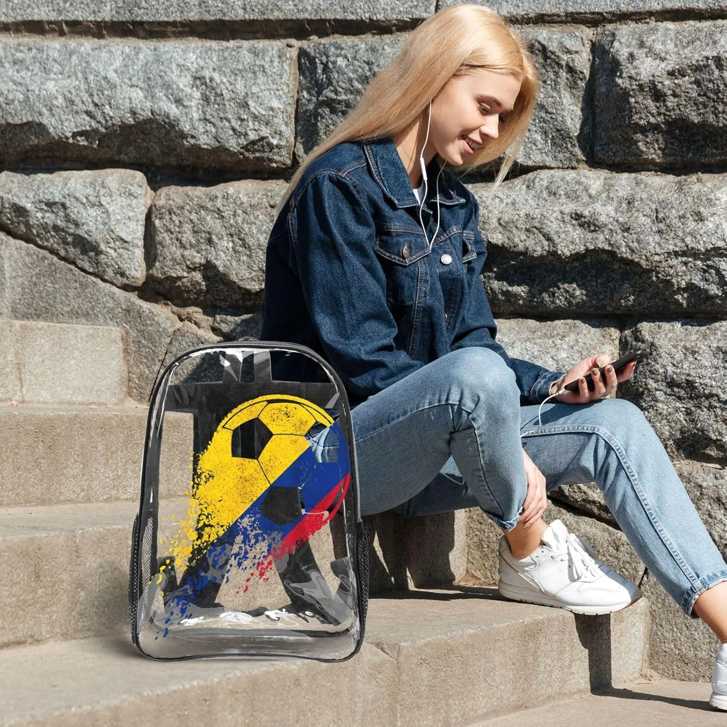 Colombia Soccer Colombian Flag Pride Soccer Player 16 Inch Clear PVC Backpacks Transparent Backpack Multipurpose Double Shoulder Bag for Men Women Gifts