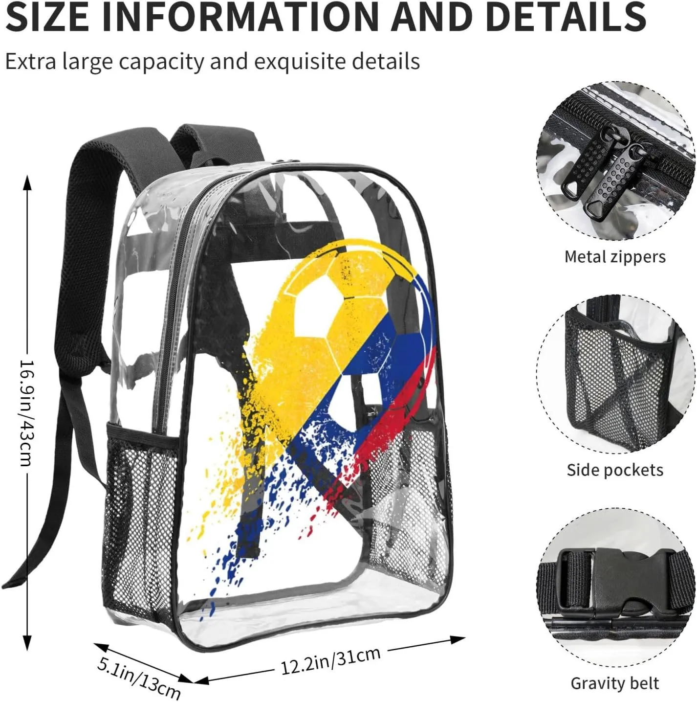 Colombia Soccer Colombian Flag Pride Soccer Player 16 Inch Clear PVC Backpacks Transparent Backpack Multipurpose Double Shoulder Bag for Men Women Gifts