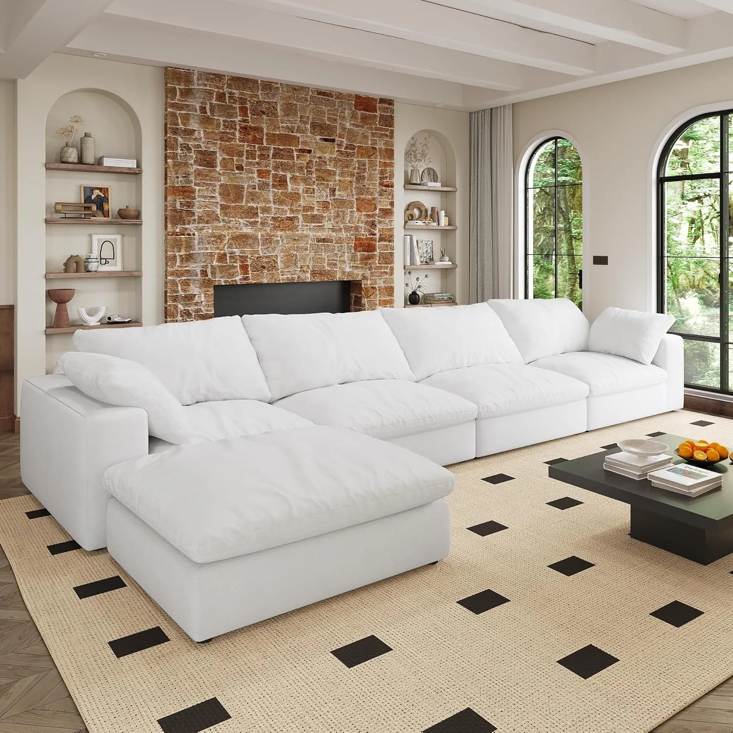 Comfy Sectional Cloud Couch Doop, 160" L Shaped Sectional Modular Couch, Minimalist White Couches for Living Room, Down Filled Deep Seat Sofa, 4 Seater with 1 Storage Convertible Ottoman
