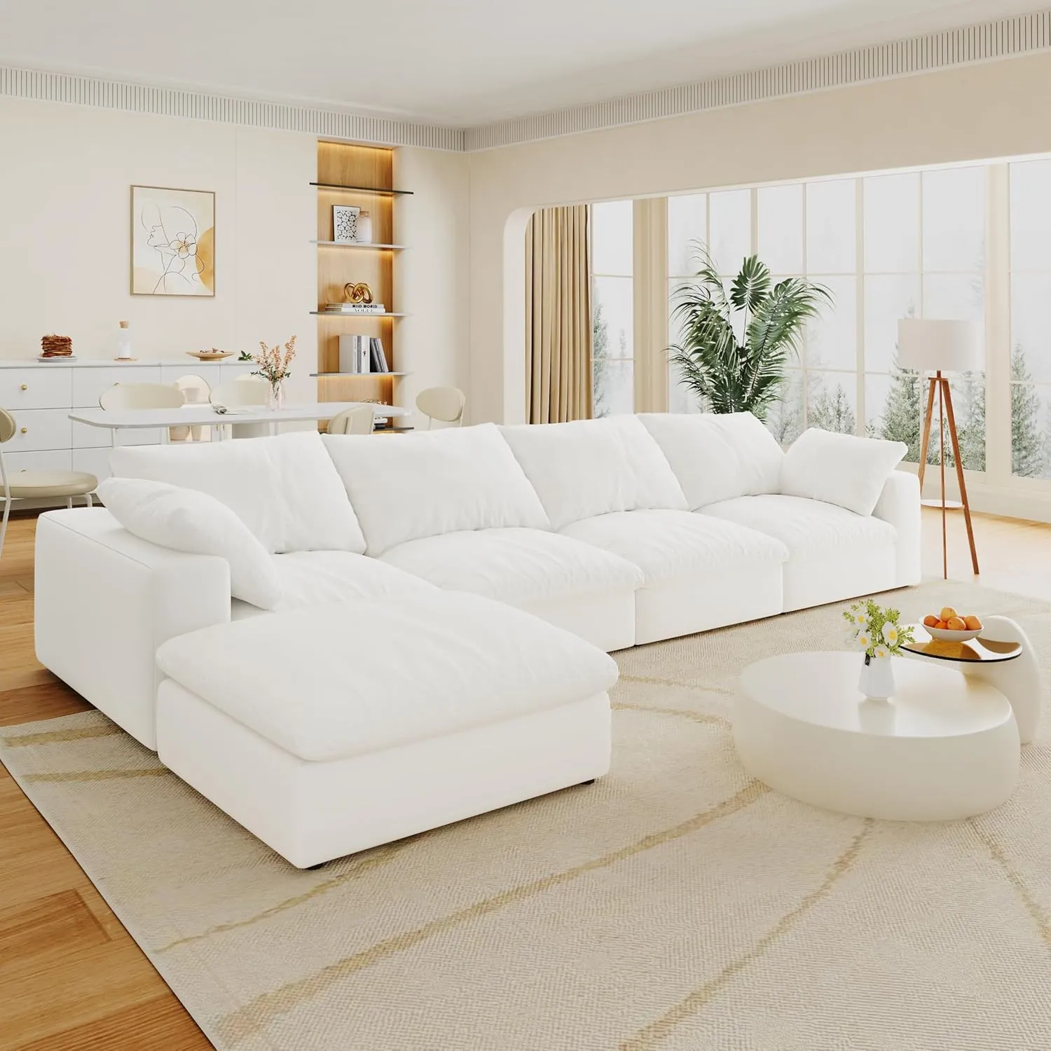 Comfy Sectional Cloud Couch Doop, 160" L Shaped Sectional Modular Couch, Minimalist White Couches for Living Room, Down Filled Deep Seat Sofa, 4 Seater with 1 Storage Convertible Ottoman