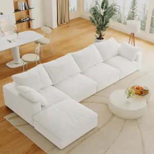 Comfy Sectional Cloud Couch Doop, 160" L Shaped Sectional Modular Couch, Minimalist White Couches for Living Room, Down Filled Deep Seat Sofa, 4 Seater with 1 Storage Convertible Ottoman