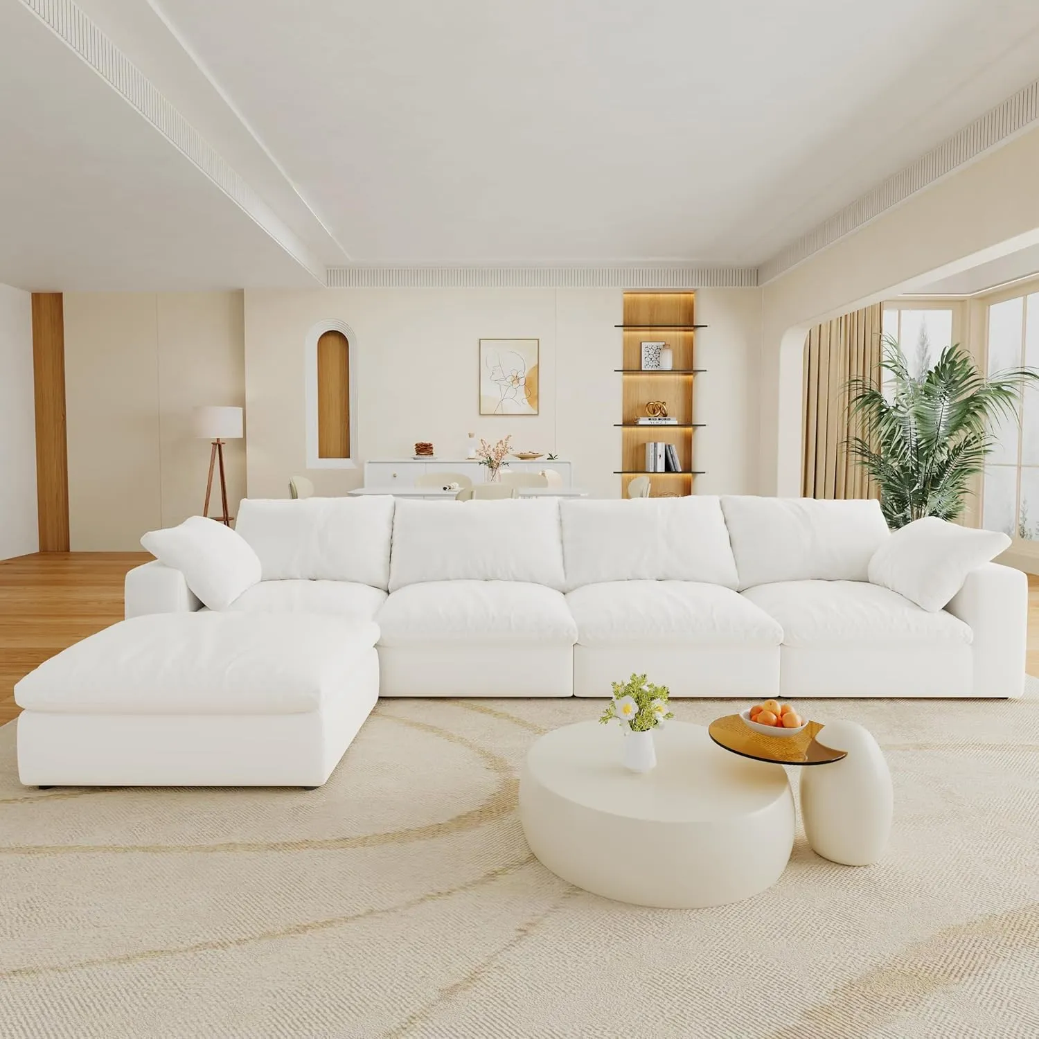 Comfy Sectional Cloud Couch Doop, 160" L Shaped Sectional Modular Couch, Minimalist White Couches for Living Room, Down Filled Deep Seat Sofa, 4 Seater with 1 Storage Convertible Ottoman