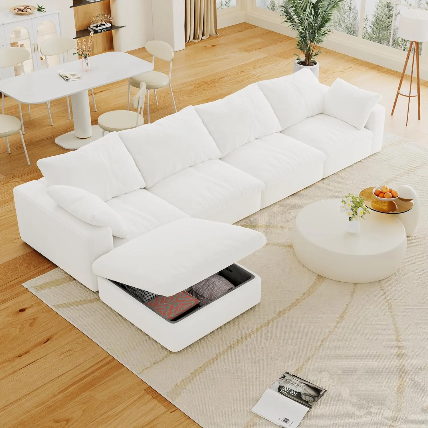 Comfy Sectional Cloud Couch Doop, 160" L Shaped Sectional Modular Couch, Minimalist White Couches for Living Room, Down Filled Deep Seat Sofa, 4 Seater with 1 Storage Convertible Ottoman