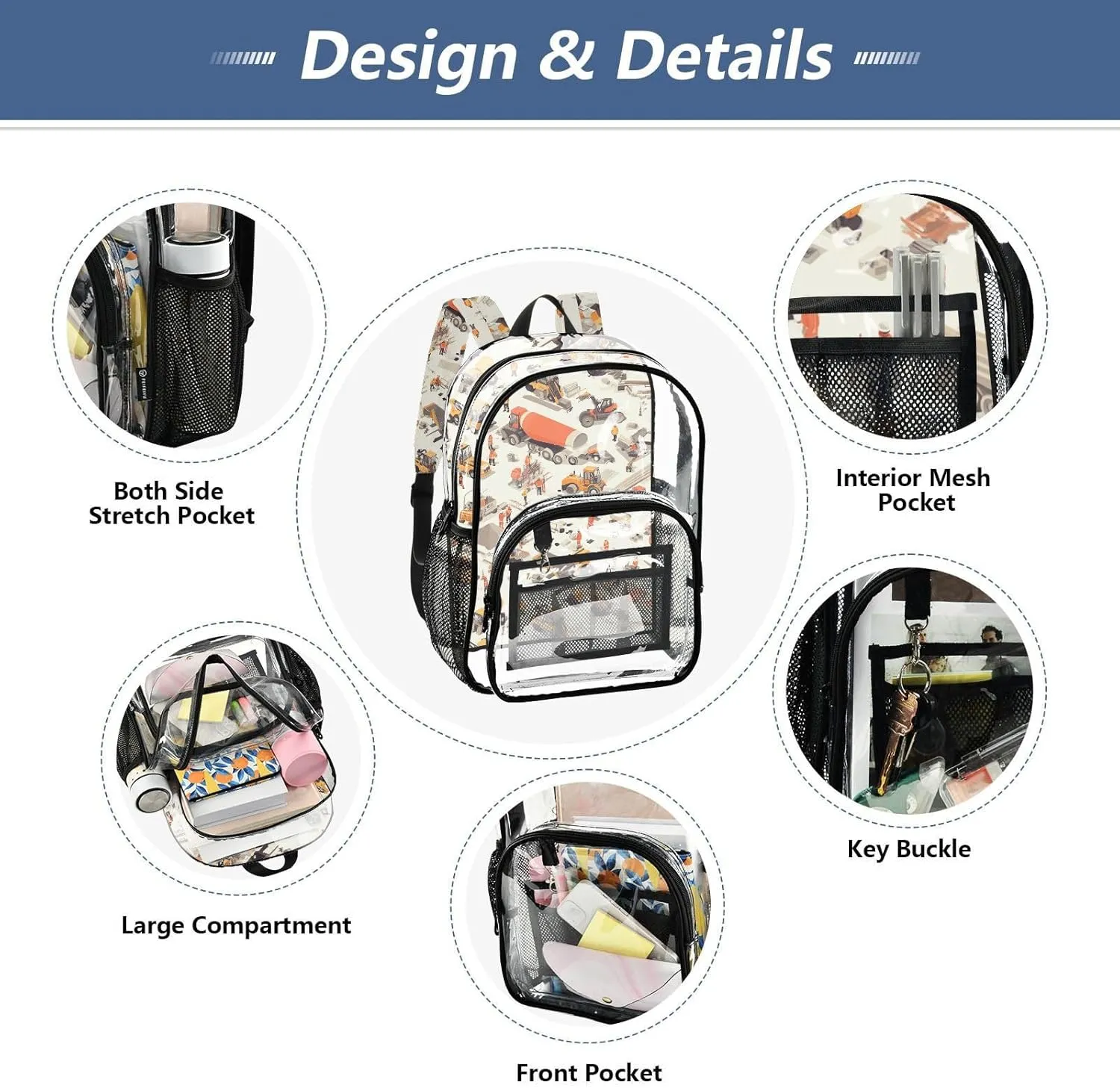 Construction Scene Highway Loader Concrete Mixer Truck Backpack For School Clear School Backpack Clear For Girls Boys See Through Transparent PVC Bags
