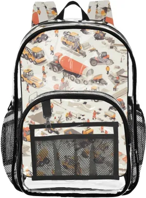 Construction Scene Highway Loader Concrete Mixer Truck Backpack For School Clear School Backpack Clear For Girls Boys See Through Transparent PVC Bags
