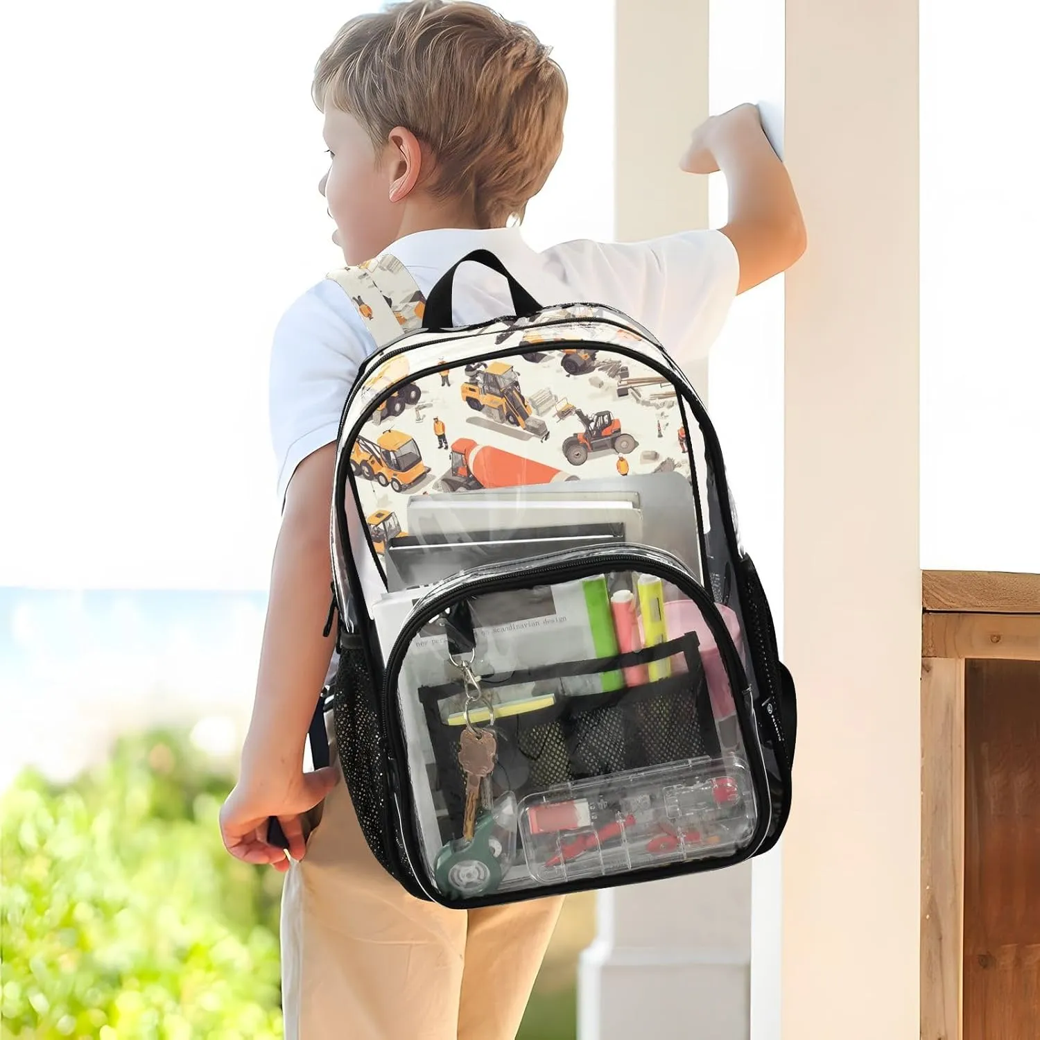 Construction Scene Highway Loader Concrete Mixer Truck Backpack For School Clear School Backpack Clear For Girls Boys See Through Transparent PVC Bags