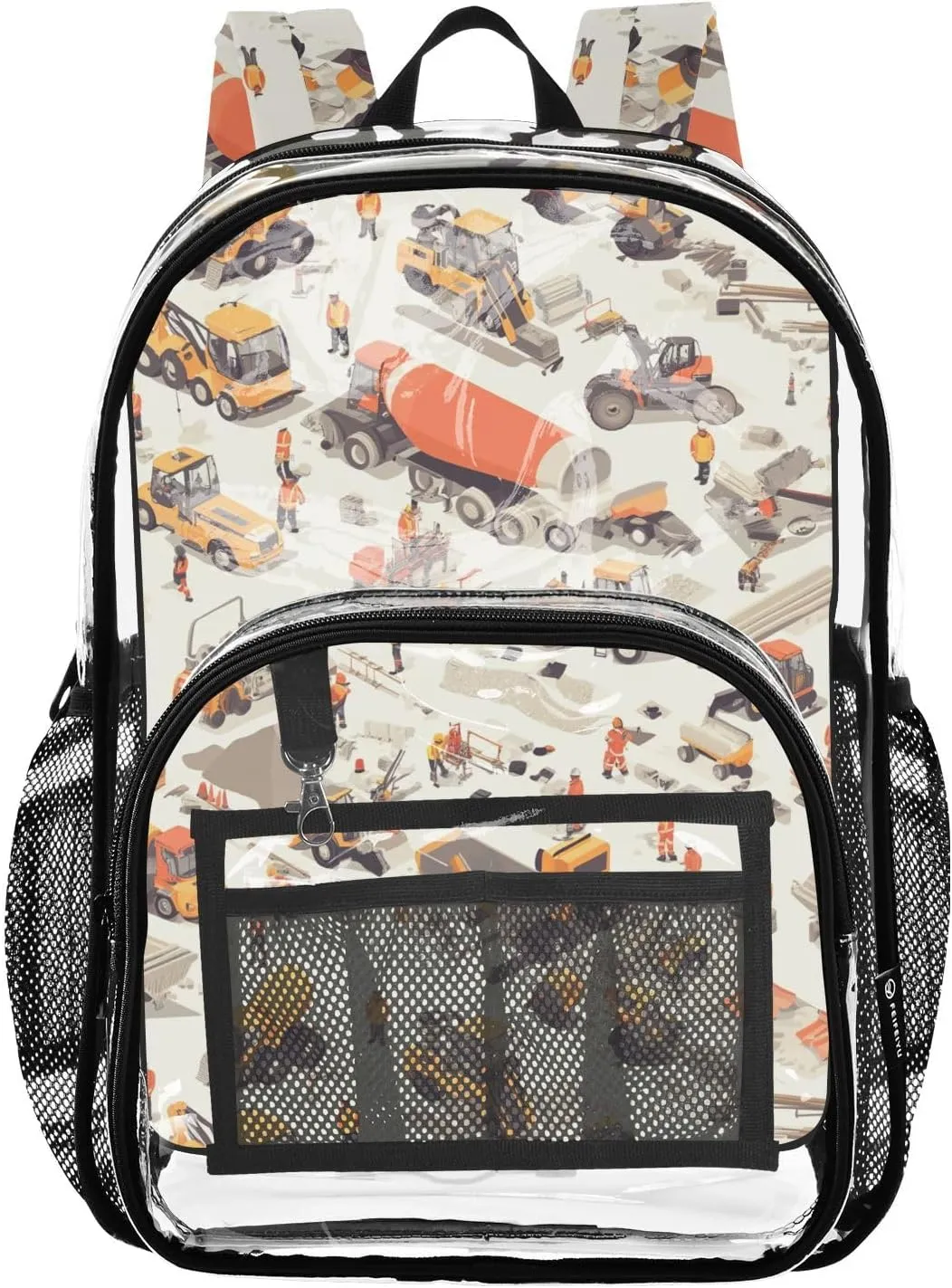 Construction Scene Highway Loader Concrete Mixer Truck Backpack For School Clear School Backpack Clear For Girls Boys See Through Transparent PVC Bags