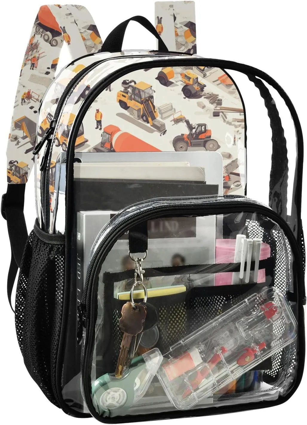 Construction Scene Highway Loader Concrete Mixer Truck Backpack For School Clear School Backpack Clear For Girls Boys See Through Transparent PVC Bags
