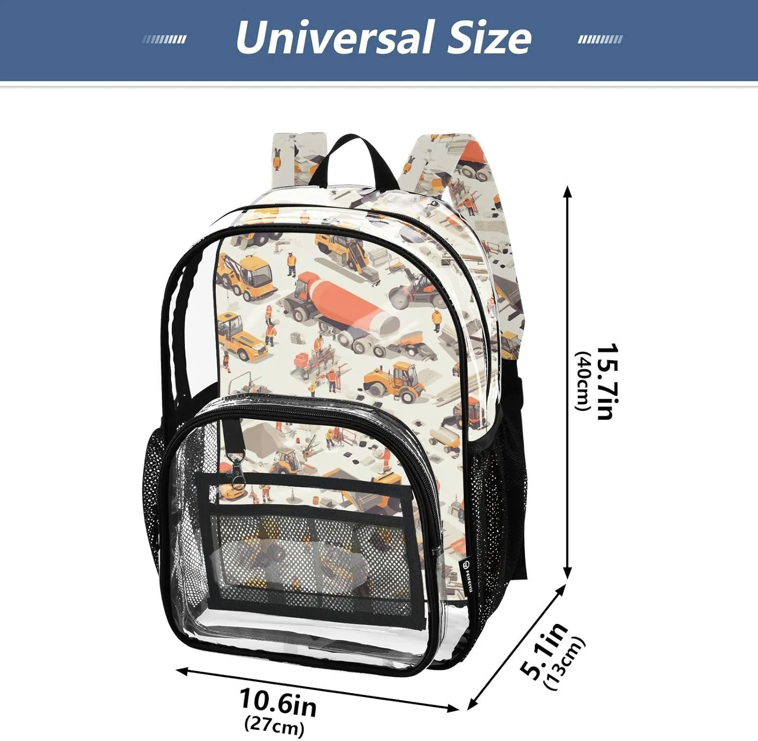 Construction Scene Highway Loader Concrete Mixer Truck Backpack For School Clear School Backpack Clear For Girls Boys See Through Transparent PVC Bags