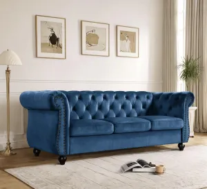 Container Furniture Velvet Chesterfield Couch, Button-Tufted Backrest, Rolled Arms, High-Density Foam with Spring Support, Elegant Accent Piece, Sofa, Dark Blue