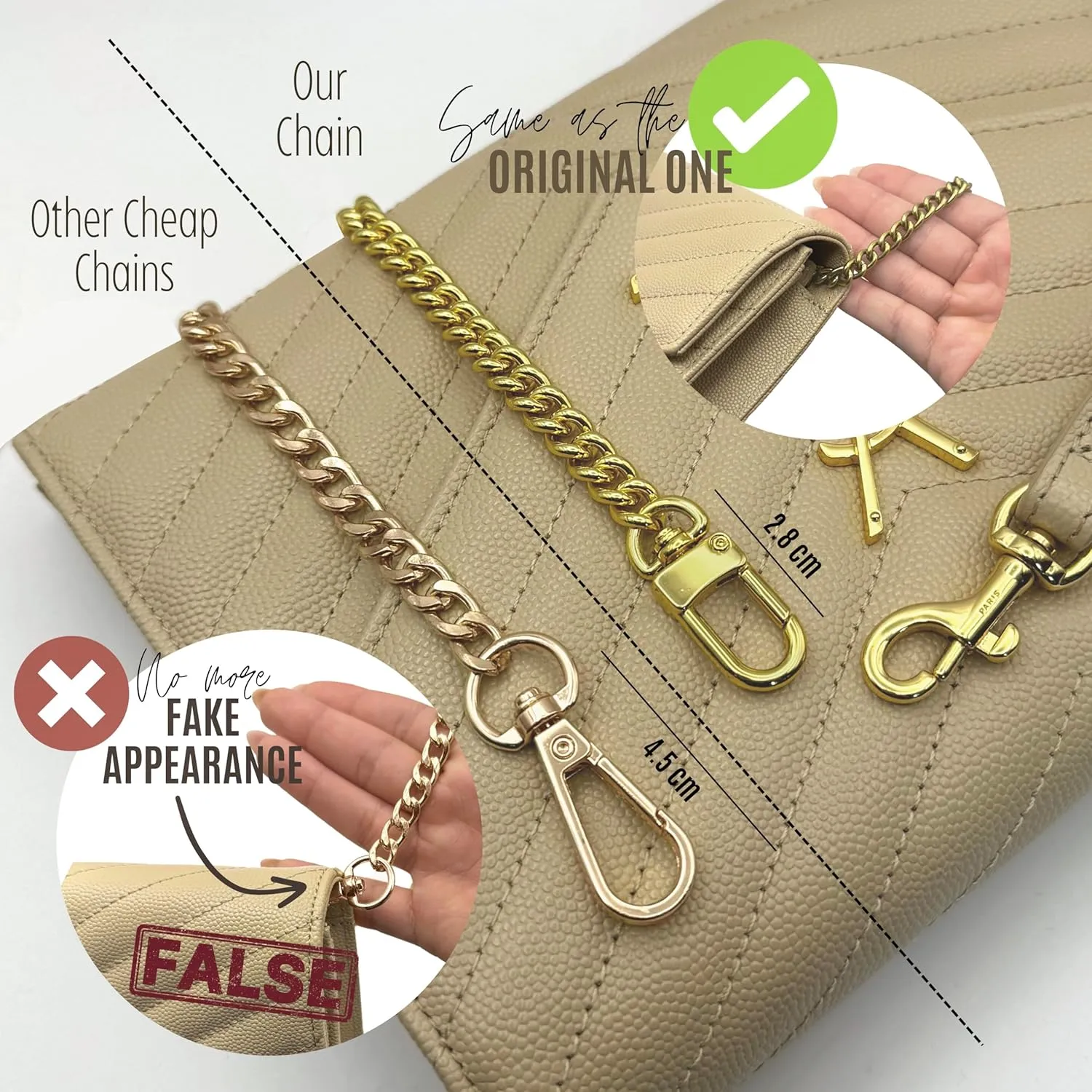 Conversion Kit compatible with Monogram Clutch, Insert with 120cm - 47" inches Premium Gold Chain, Wristlet Insert Wallet on Chain (Blanc Vintage)
