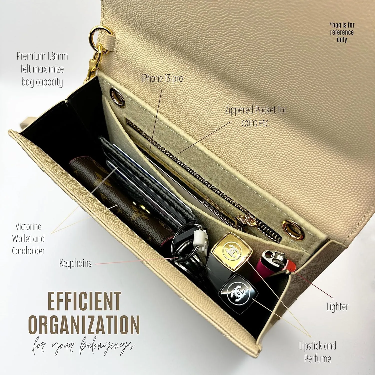 Conversion Kit compatible with Monogram Clutch, Insert with 120cm - 47" inches Premium Gold Chain, Wristlet Insert Wallet on Chain (Blanc Vintage)
