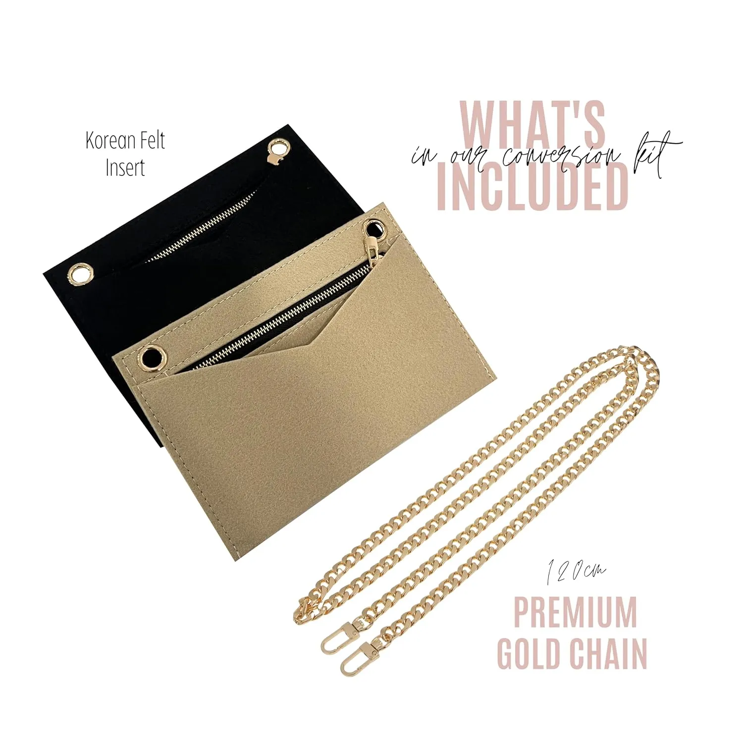 Conversion Kit compatible with Monogram Clutch, Insert with 120cm - 47" inches Premium Gold Chain, Wristlet Insert Wallet on Chain (Blanc Vintage)