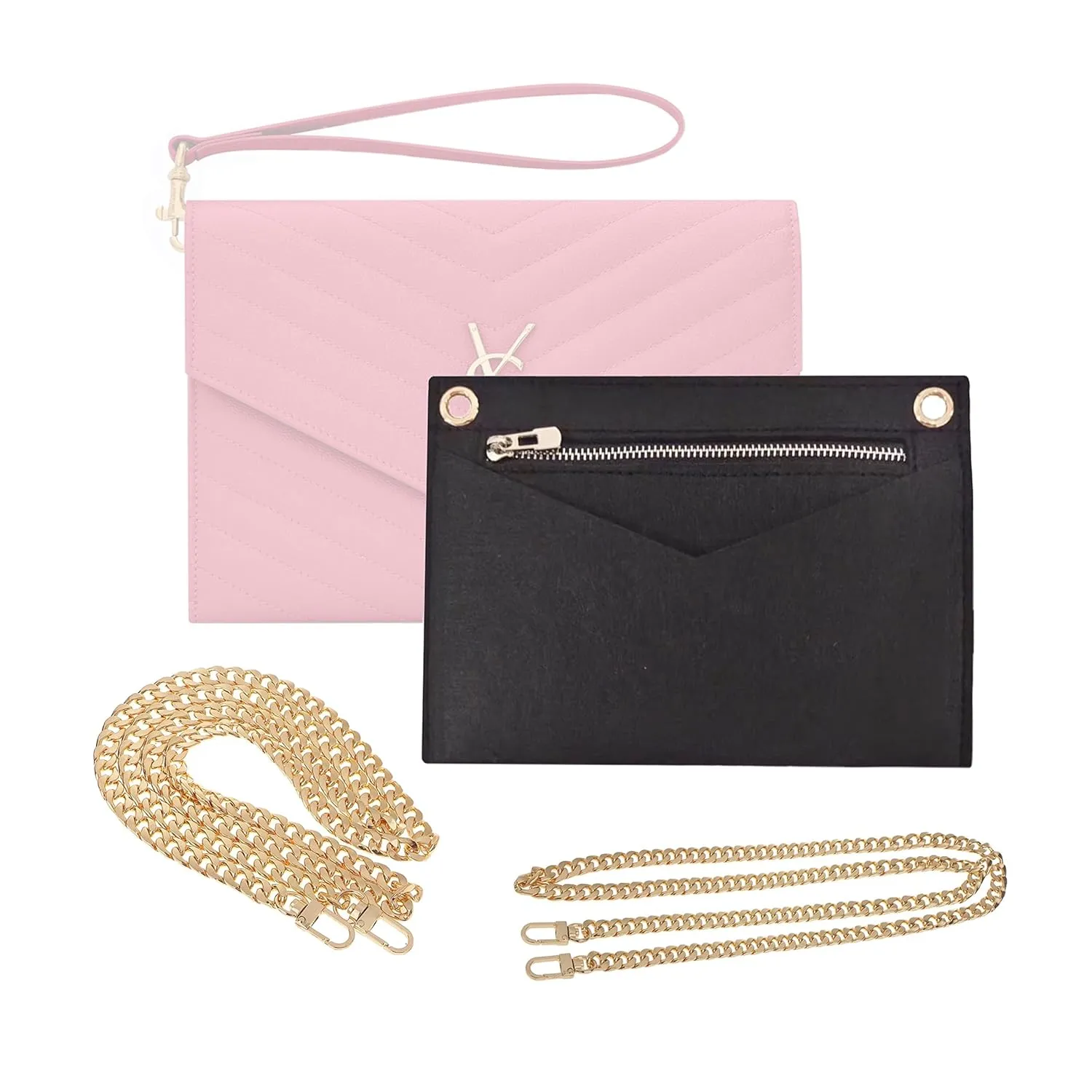 Conversion Kit compatible with Monogram Clutch, Insert with 120cm - 47" inches Premium Gold Chain, Wristlet Insert Wallet on Chain (Blanc Vintage)