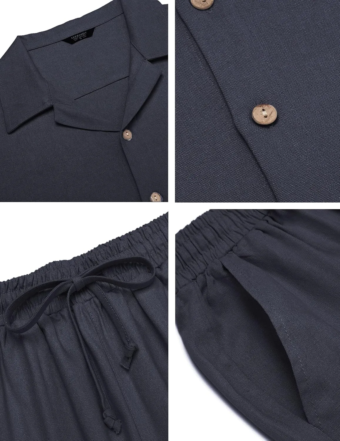 COOFANDY Men 2 Piece Linen Outfit Beach Button Down Shirt Casual Loose Pant Sets