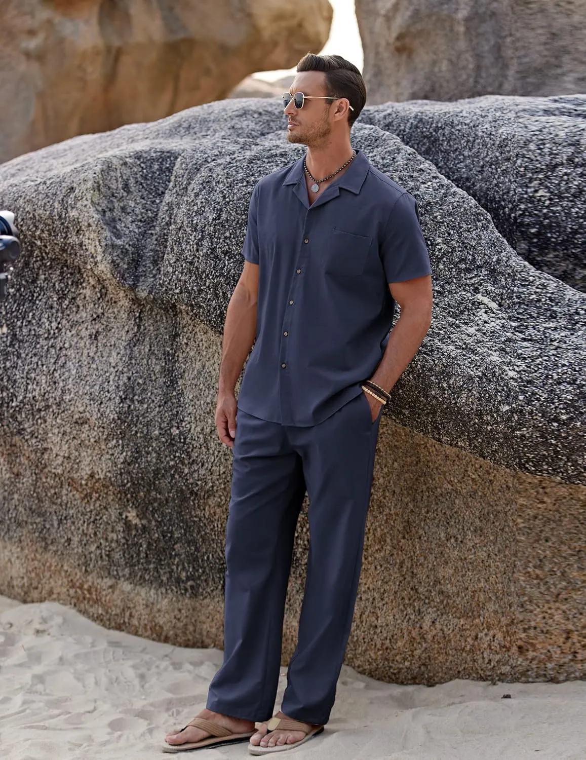 COOFANDY Men 2 Piece Linen Outfit Beach Button Down Shirt Casual Loose Pant Sets