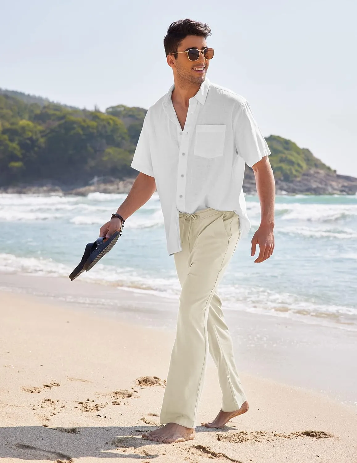 COOFANDY Men's Casual Linen Pants Elastic Waist Drawstring Yoga Beach Pants Lightweight Loose Fit Trousers with Pockets