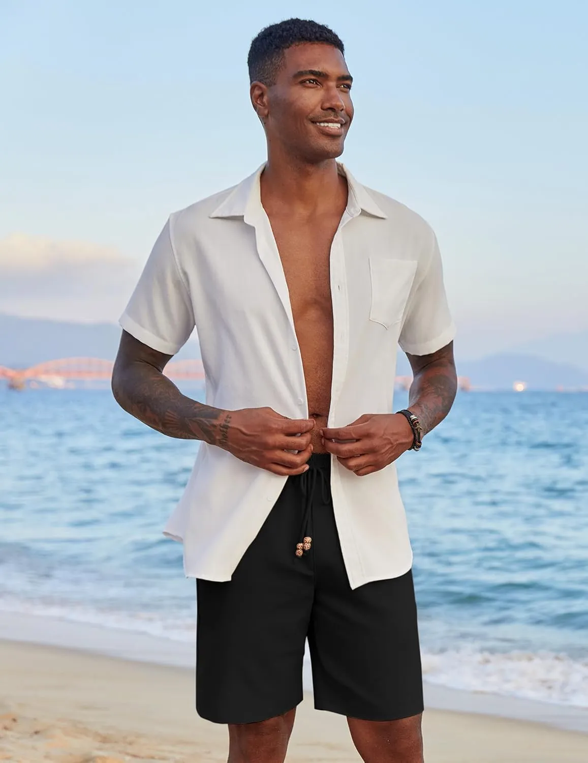 COOFANDY Mens Casual Linen Shorts Elastic Waist Drawstring Loose Fit Summer Beach Vacation Shorts with Pockets