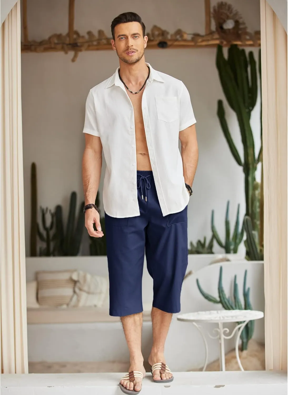 COOFANDY Men's Linen Capri Pants Casual Lightweight 3/4 Baggy Pants Drawstring Elastic Waist Beach Yoga Pants with Pockets