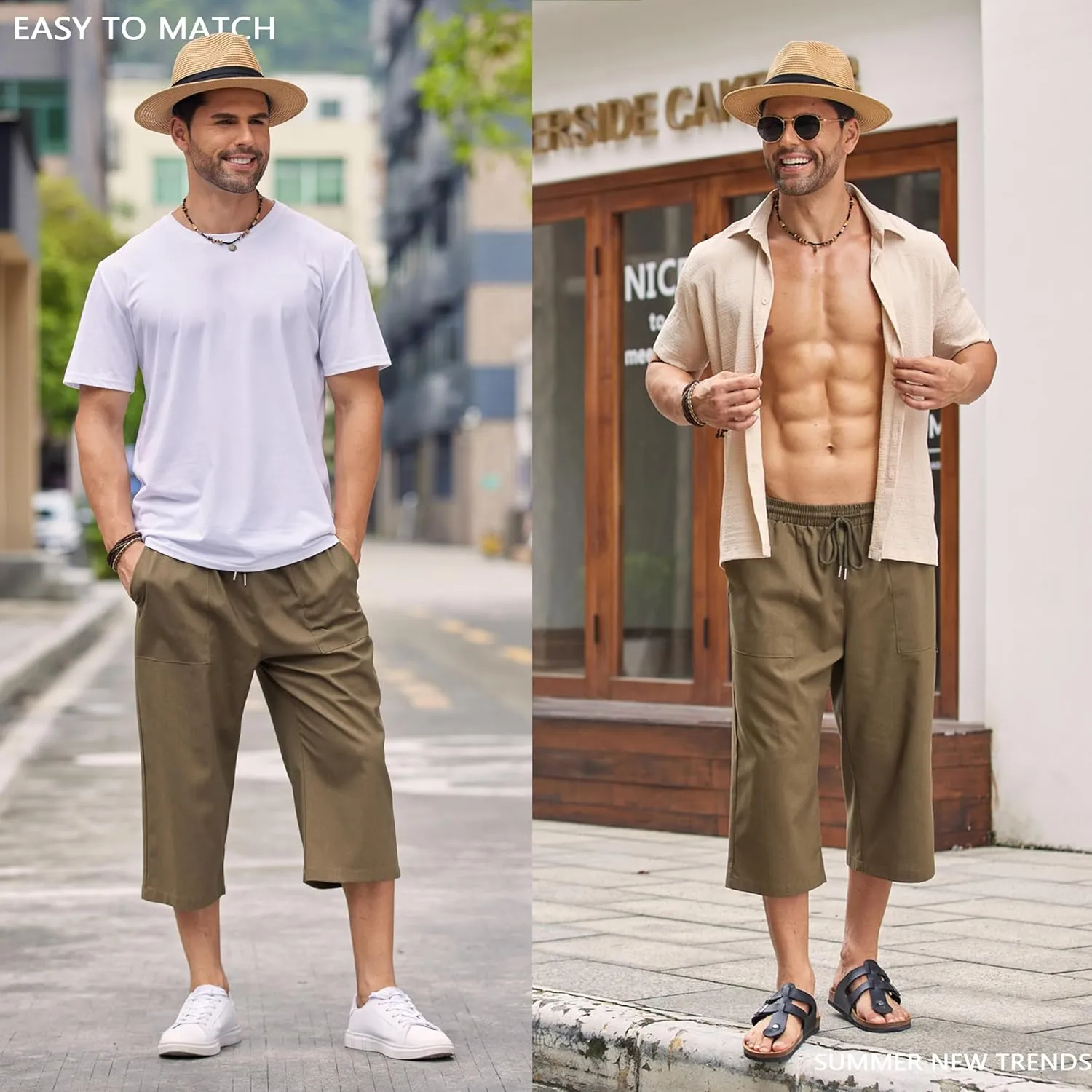 COOFANDY Men's Linen Capri Pants Casual Lightweight 3/4 Baggy Pants Drawstring Elastic Waist Beach Yoga Pants with Pockets