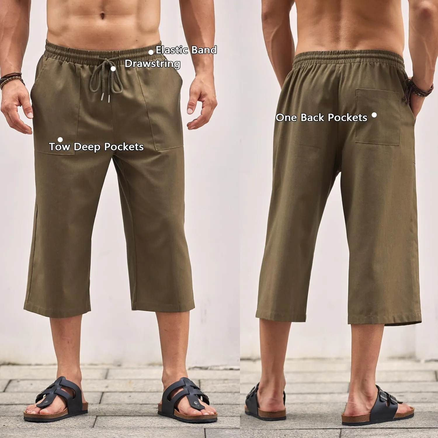 COOFANDY Men's Linen Capri Pants Casual Lightweight 3/4 Baggy Pants Drawstring Elastic Waist Beach Yoga Pants with Pockets