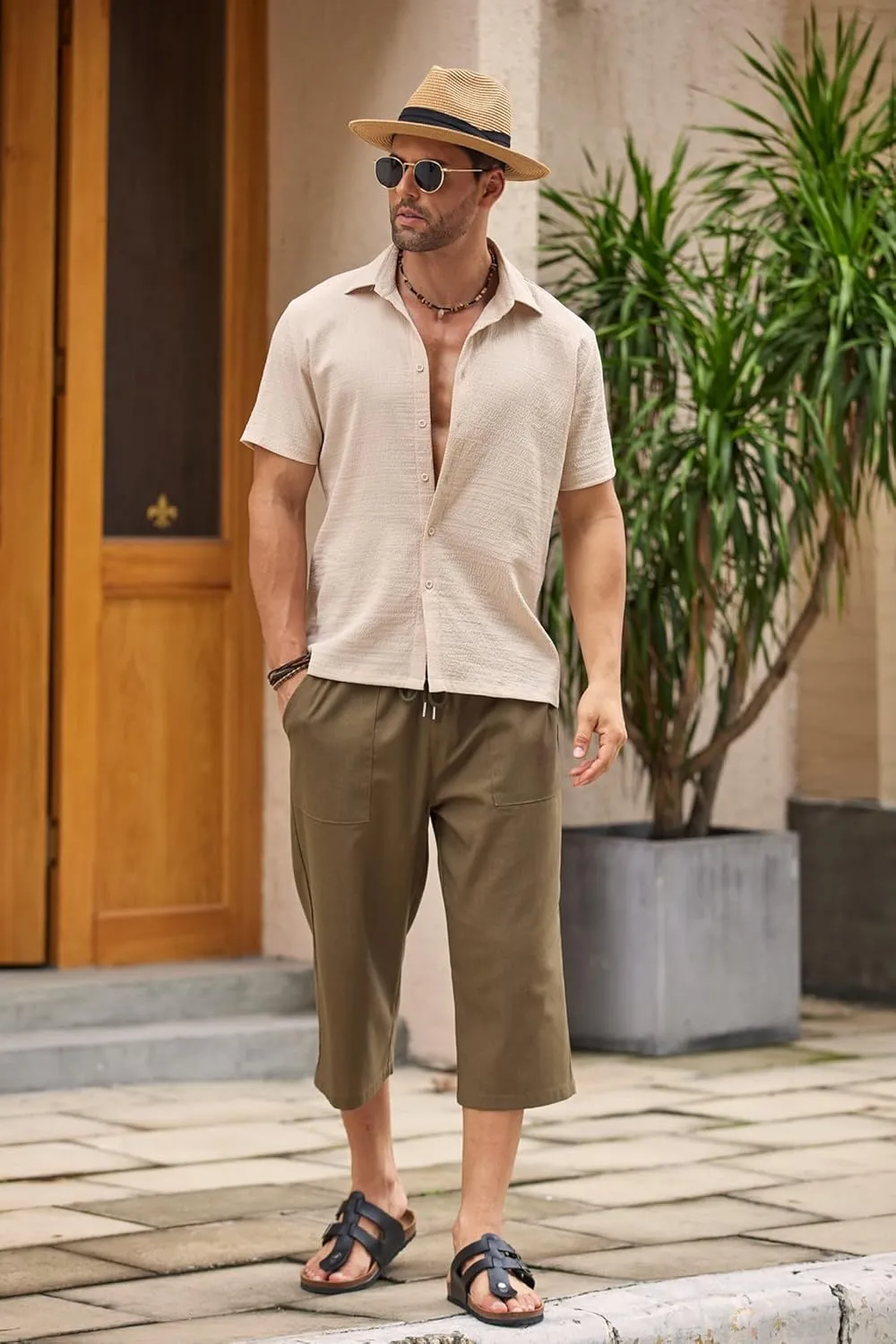 COOFANDY Men's Linen Capri Pants Casual Lightweight 3/4 Baggy Pants Drawstring Elastic Waist Beach Yoga Pants with Pockets