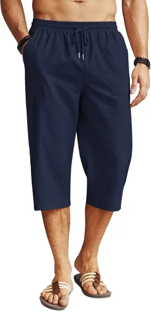COOFANDY Men's Linen Capri Pants Casual Lightweight 3/4 Baggy Pants Drawstring Elastic Waist Beach Yoga Pants with Pockets