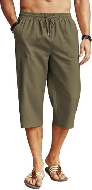 COOFANDY Men's Linen Capri Pants Casual Lightweight 3/4 Baggy Pants Drawstring Elastic Waist Beach Yoga Pants with Pockets