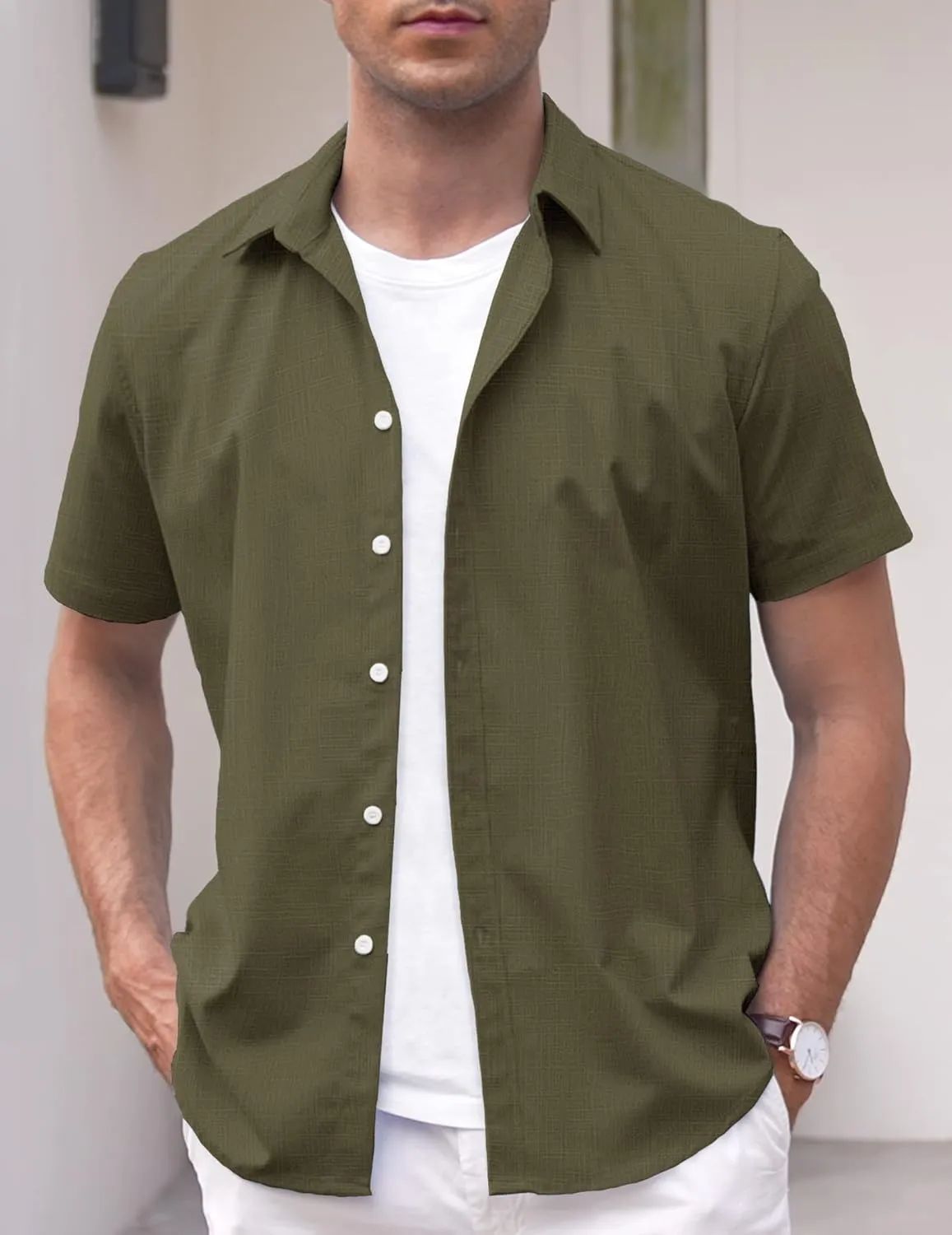 COOFANDY Men's Linen Casual Short Sleeve Shirt Button Down Summer Beach Wedding Shirts