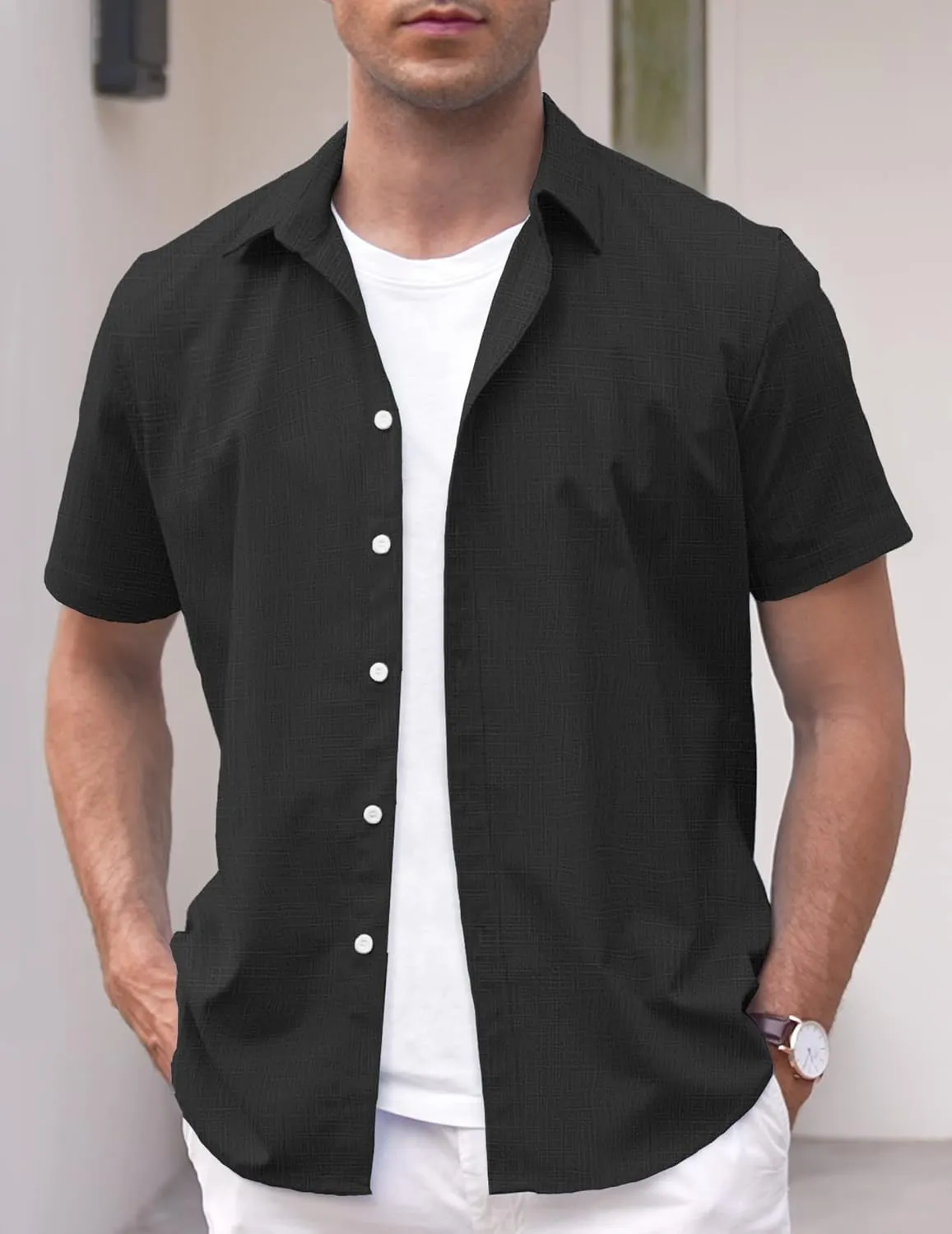 COOFANDY Men's Linen Casual Short Sleeve Shirt Button Down Summer Beach Wedding Shirts