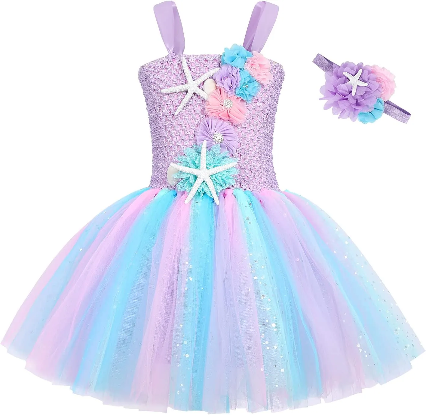 COTRIO Mermaid Tulle Tutu Dress Girls Mermaid Birthday Party Princess Dress Kids Halloween Costume Outfits