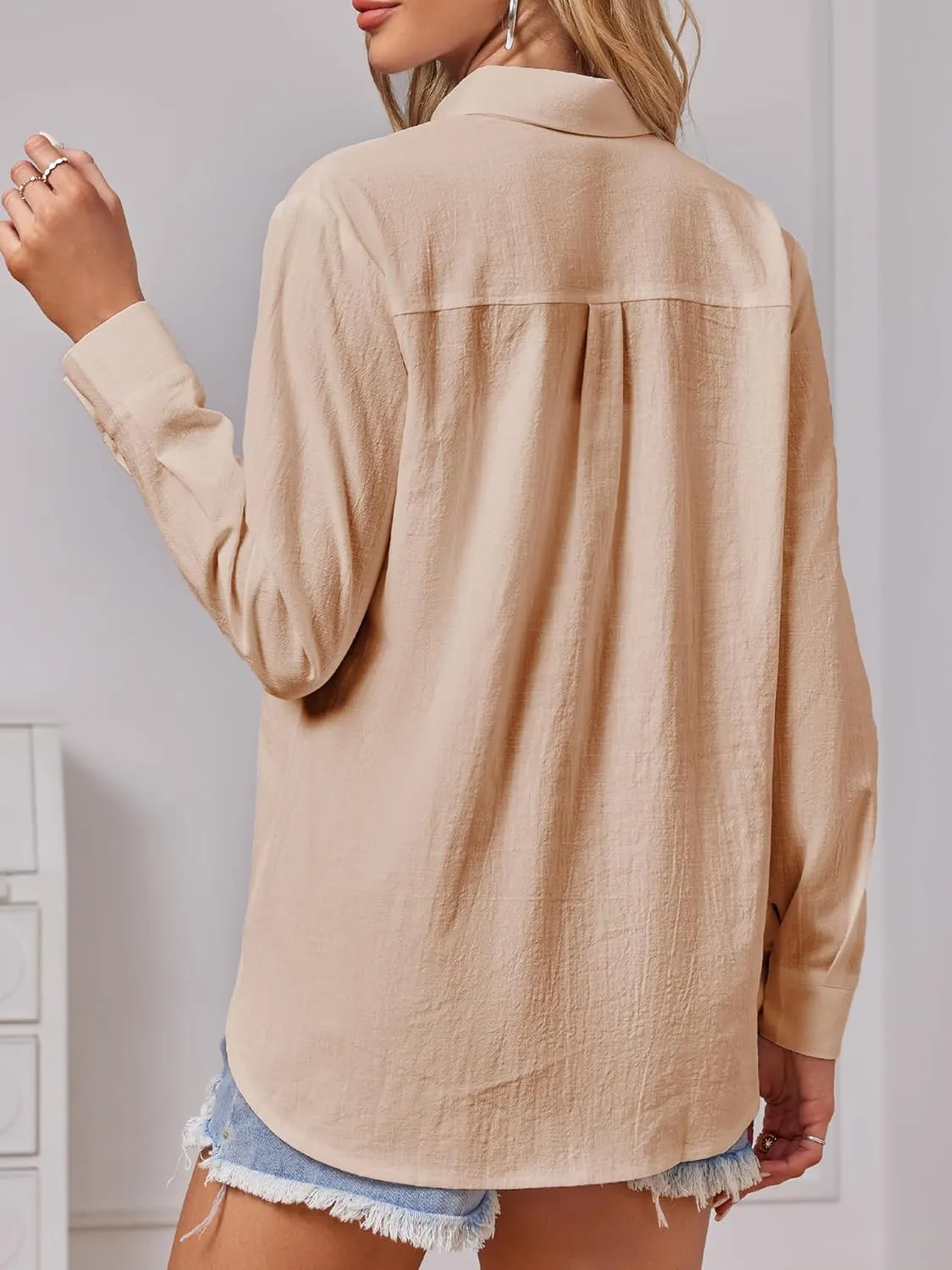 Cotton Button Down Shirts Women V Neck Long/Roll Up Sleeve Gauze Texture Casual Tops with Pocket
