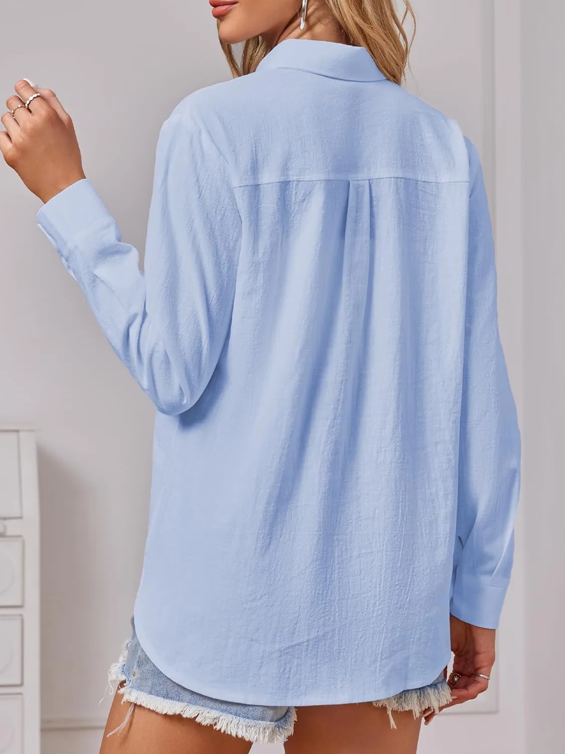 Cotton Button Down Shirts Women V Neck Long/Roll Up Sleeve Gauze Texture Casual Tops with Pocket
