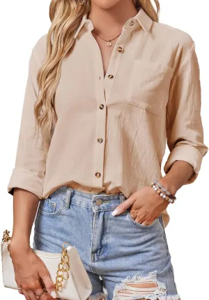 Cotton Button Down Shirts Women V Neck Long/Roll Up Sleeve Gauze Texture Casual Tops with Pocket