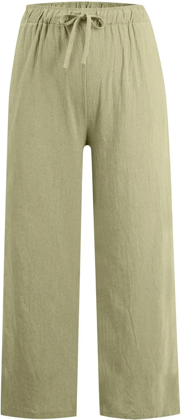 Cotton Linen Pants for Women Dressy Casual Trousers Loose Drawstring Waist Lounge Long Pants Pockets Summer Outfits