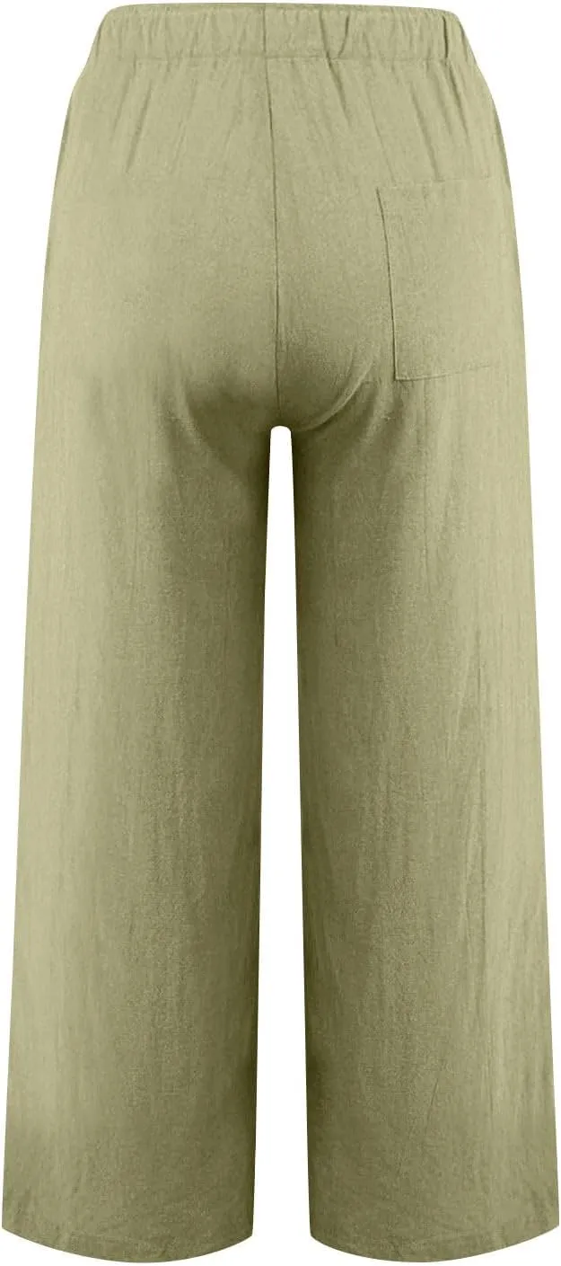 Cotton Linen Pants for Women Dressy Casual Trousers Loose Drawstring Waist Lounge Long Pants Pockets Summer Outfits
