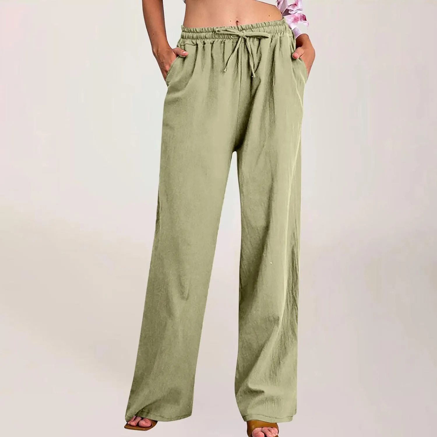 Cotton Linen Pants for Women Dressy Casual Trousers Loose Drawstring Waist Lounge Long Pants Pockets Summer Outfits